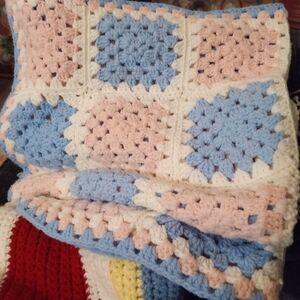 Blue white pink crochet throw